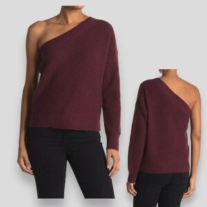 360 Cashmere Sweater Women’s Burgundy Lena One Shoulder Ribbed Soft Holiday
